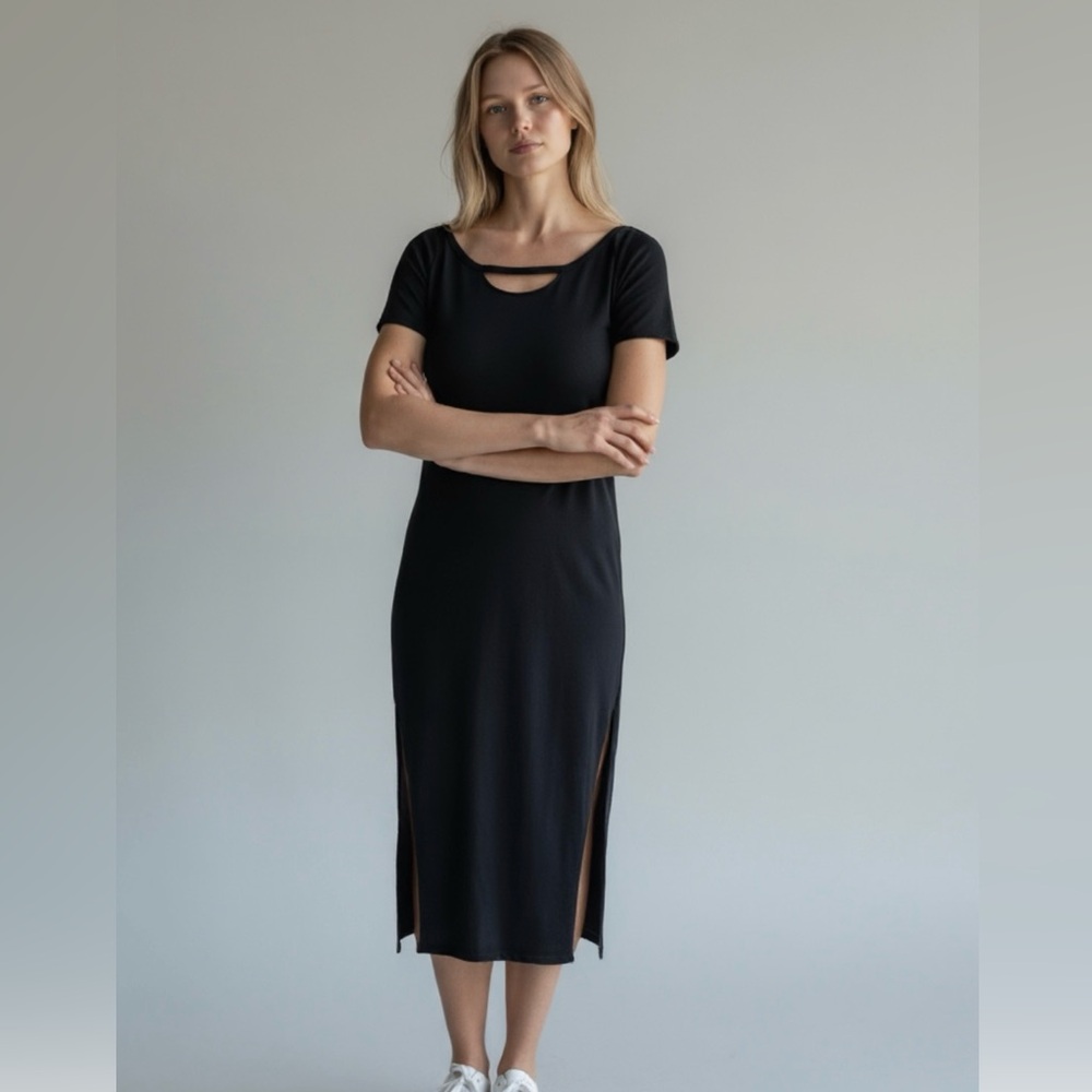 n:PHILANTHROPY Navy Cotton Split Sides Distressed Scoop Neck Short Sleeve Dress